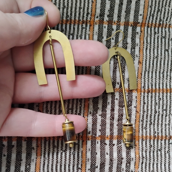 Tiger Eye Brass Statement Earrings - Picture 3 of 3